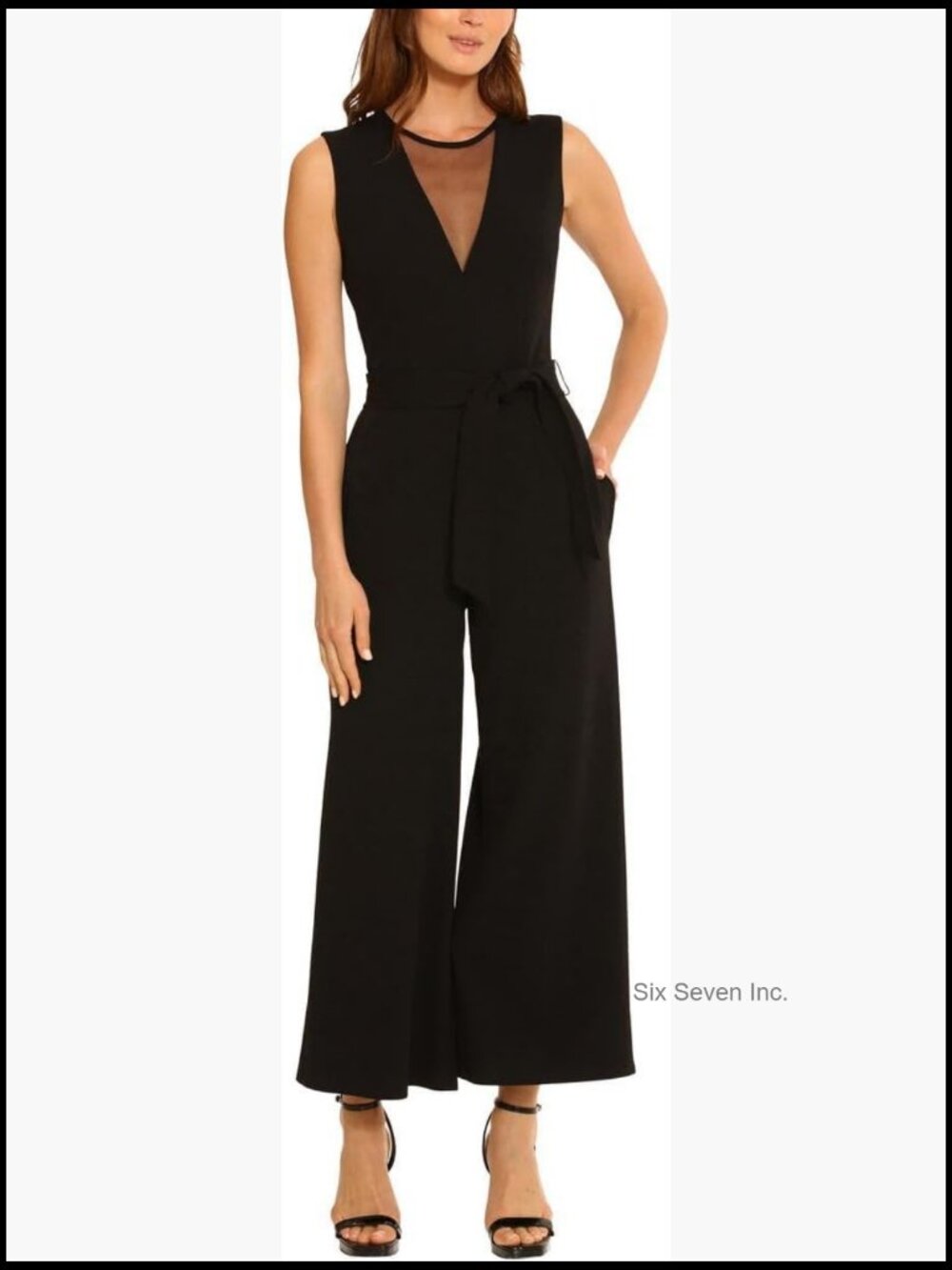 Illusion Jumpsuit with Sheer V-Neck, Pockets, Polyester Lined